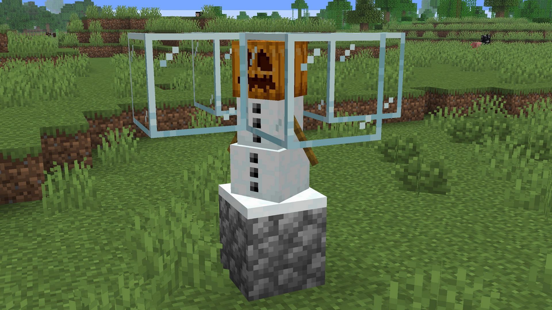 Snowball farm with a snow golem constantly creating snow sheet underneath it (Image via Sportskeeda Gaming || Mojang Studios)